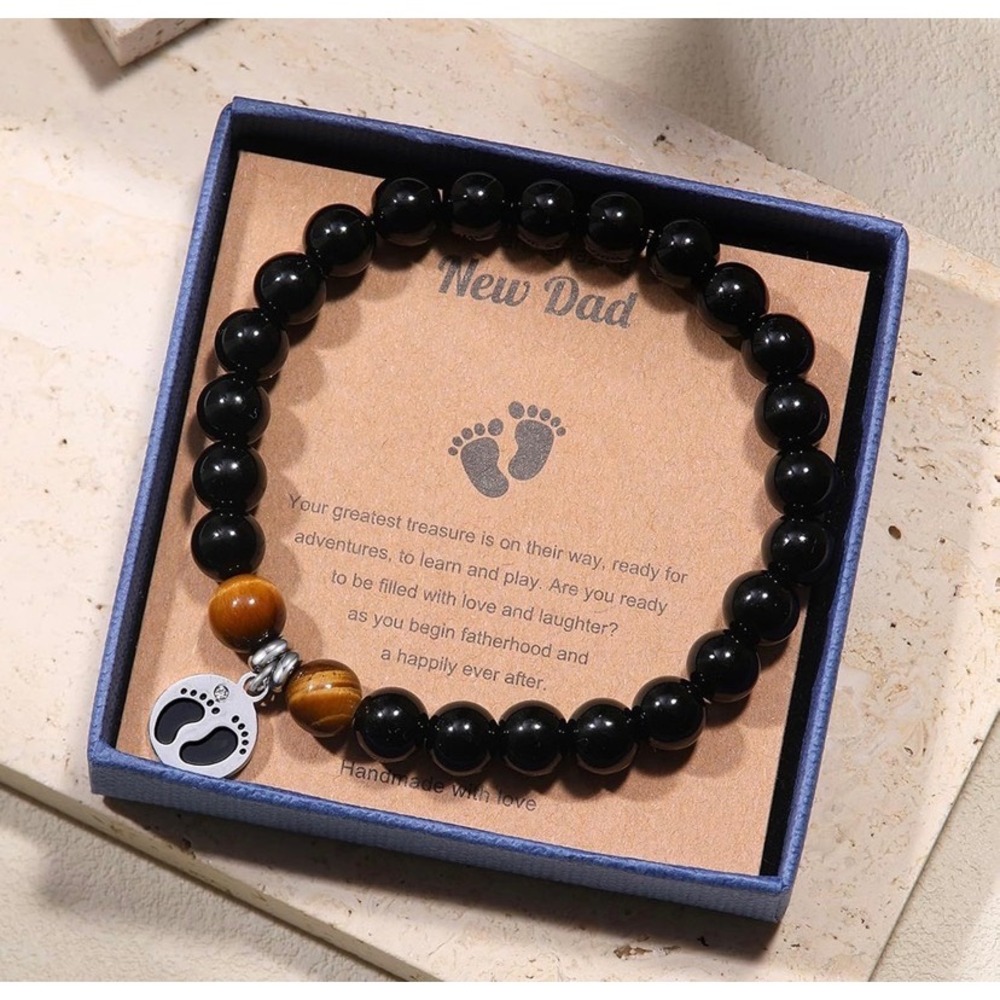 New Dad Gift Footprint Pendant Bead Bracelet Mens Black Obsidian Tigers Eye - Picture 3 of 7